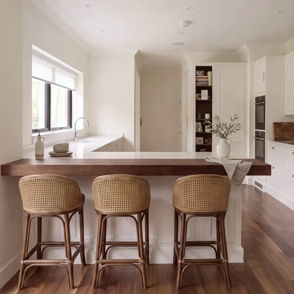 Rattan bar stools at a walnut-topped pale grey peninsula on a dark walnut floor