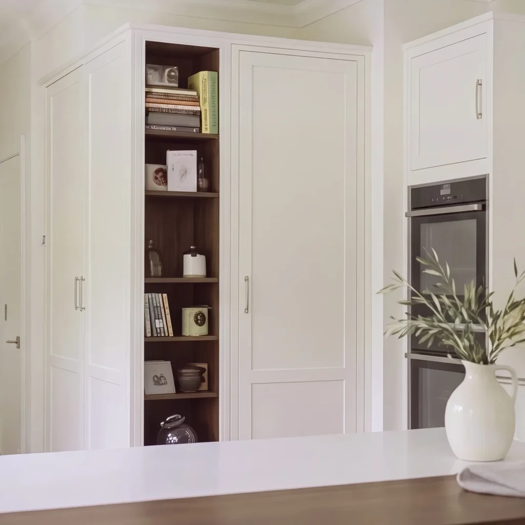Narrow walnut-lined bookcase built between pale grey tall cupboards and a built-in oven