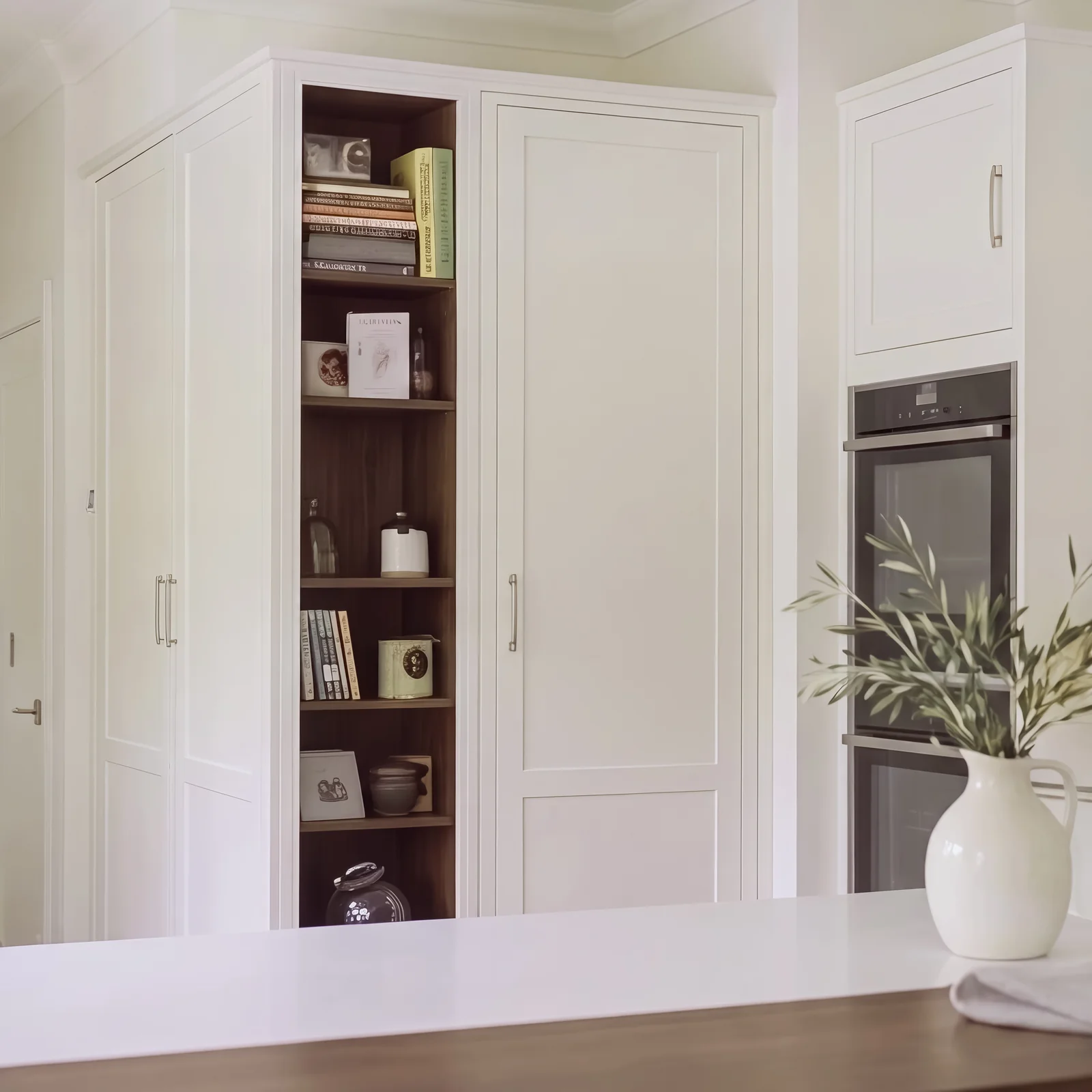 Narrow walnut-lined bookcase built between pale grey tall cupboards and a built-in oven