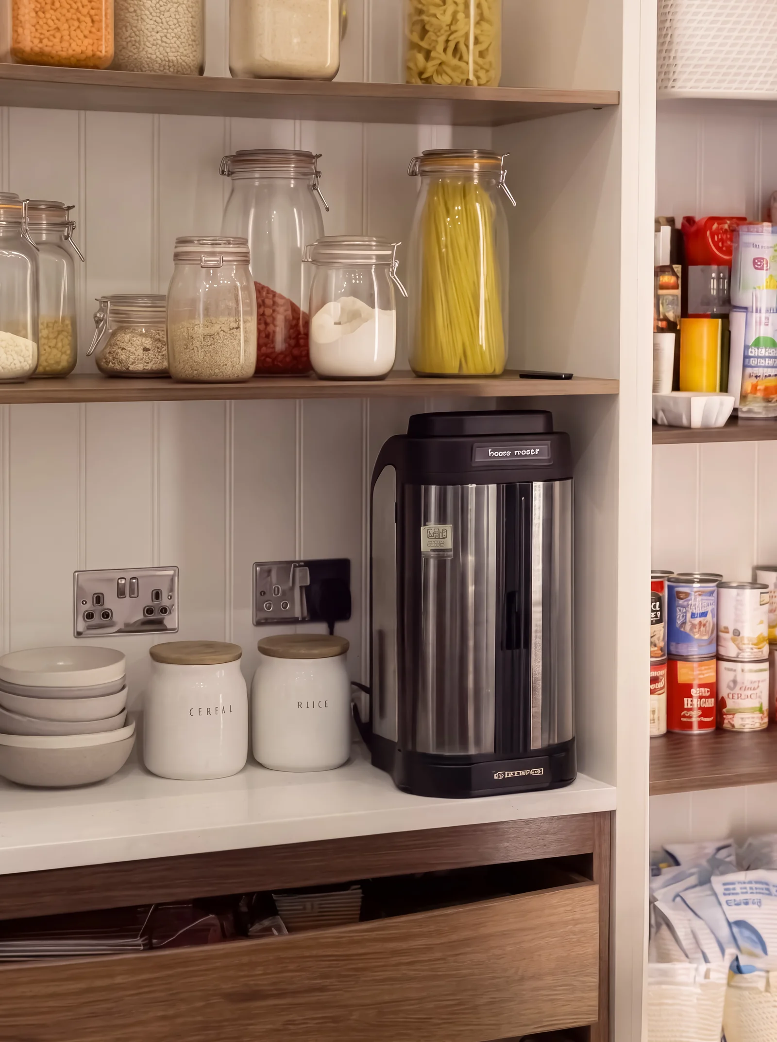 Larder shelving with glass storage jars and a kettle above walnut drawers