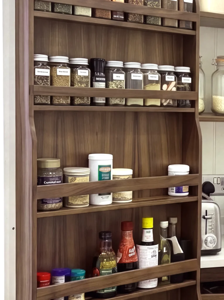 Close-up of walnut spice racks filled with jars on the inside of larder doors