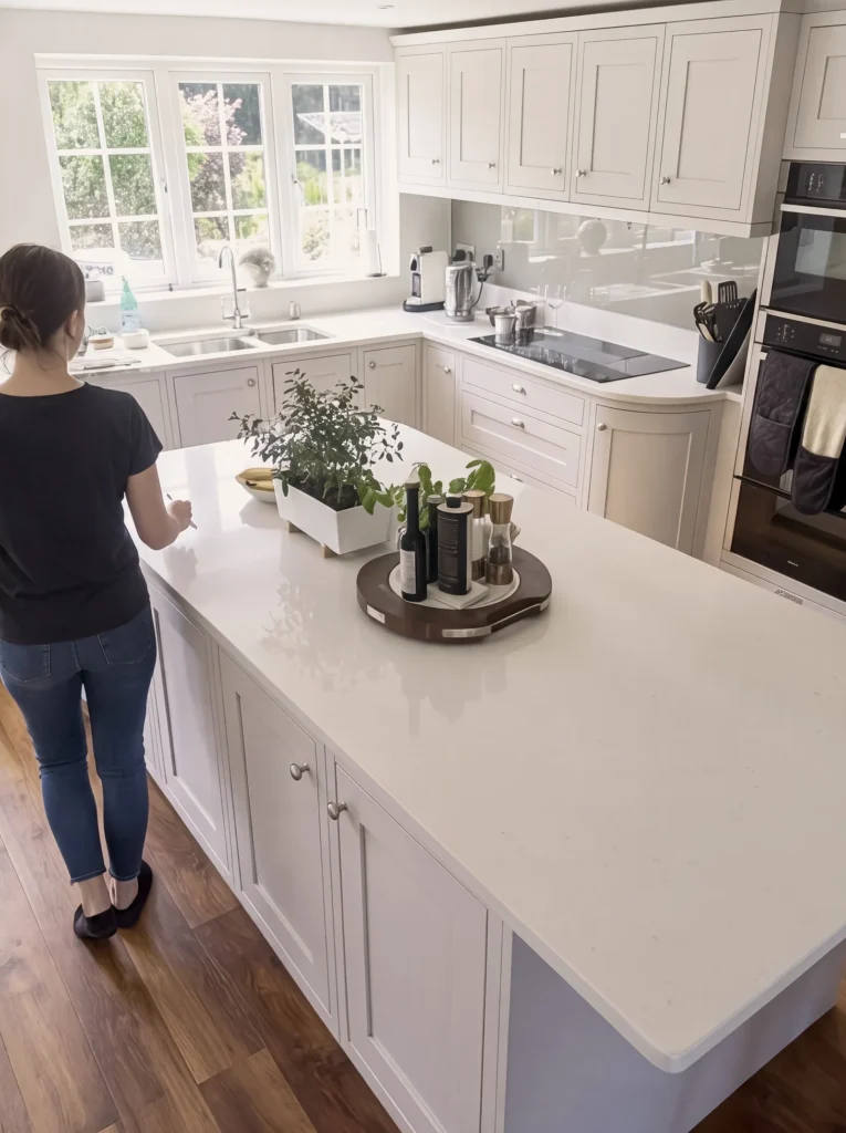Person standing at a long pale grey shaker island with a white worktop by a garden window