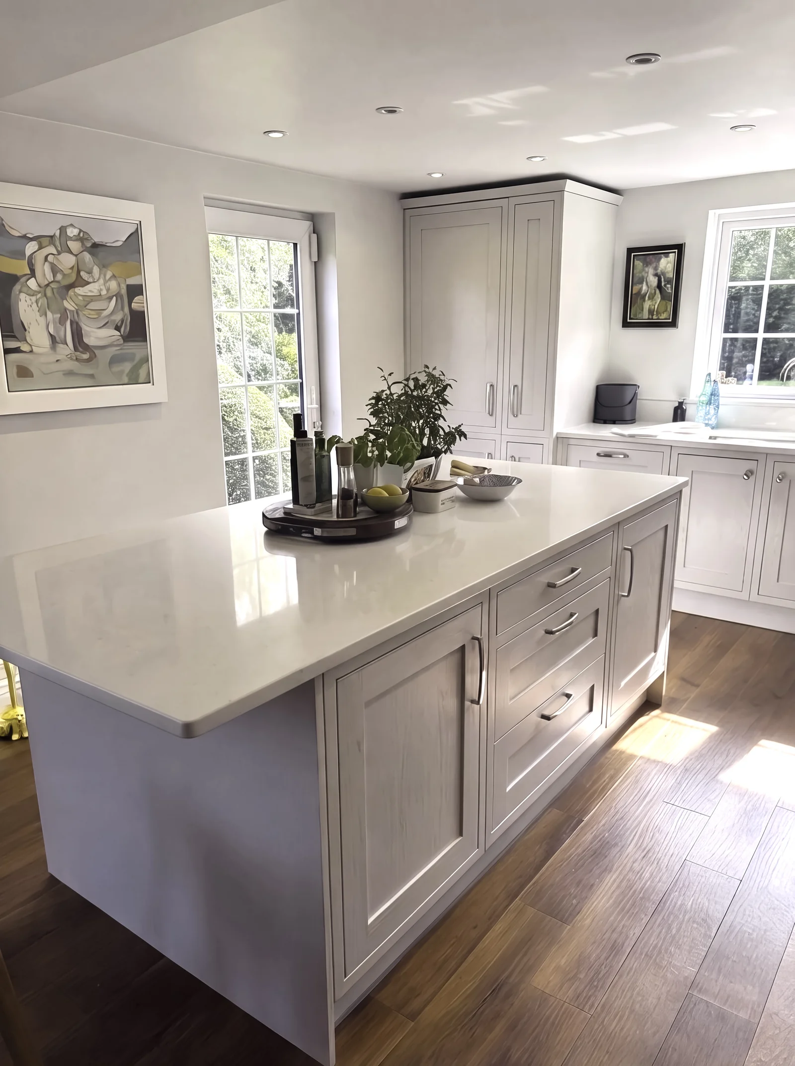 Pale grey shaker island with drawers and a white quartz worktop in a sunlit kitchen