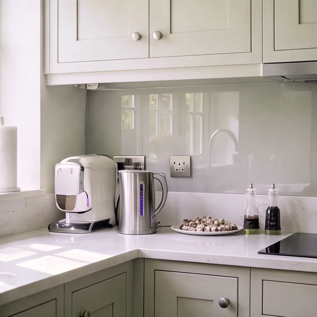 Corner of an pale grey shaker kitchen with a glass splashback, kettle and induction hob