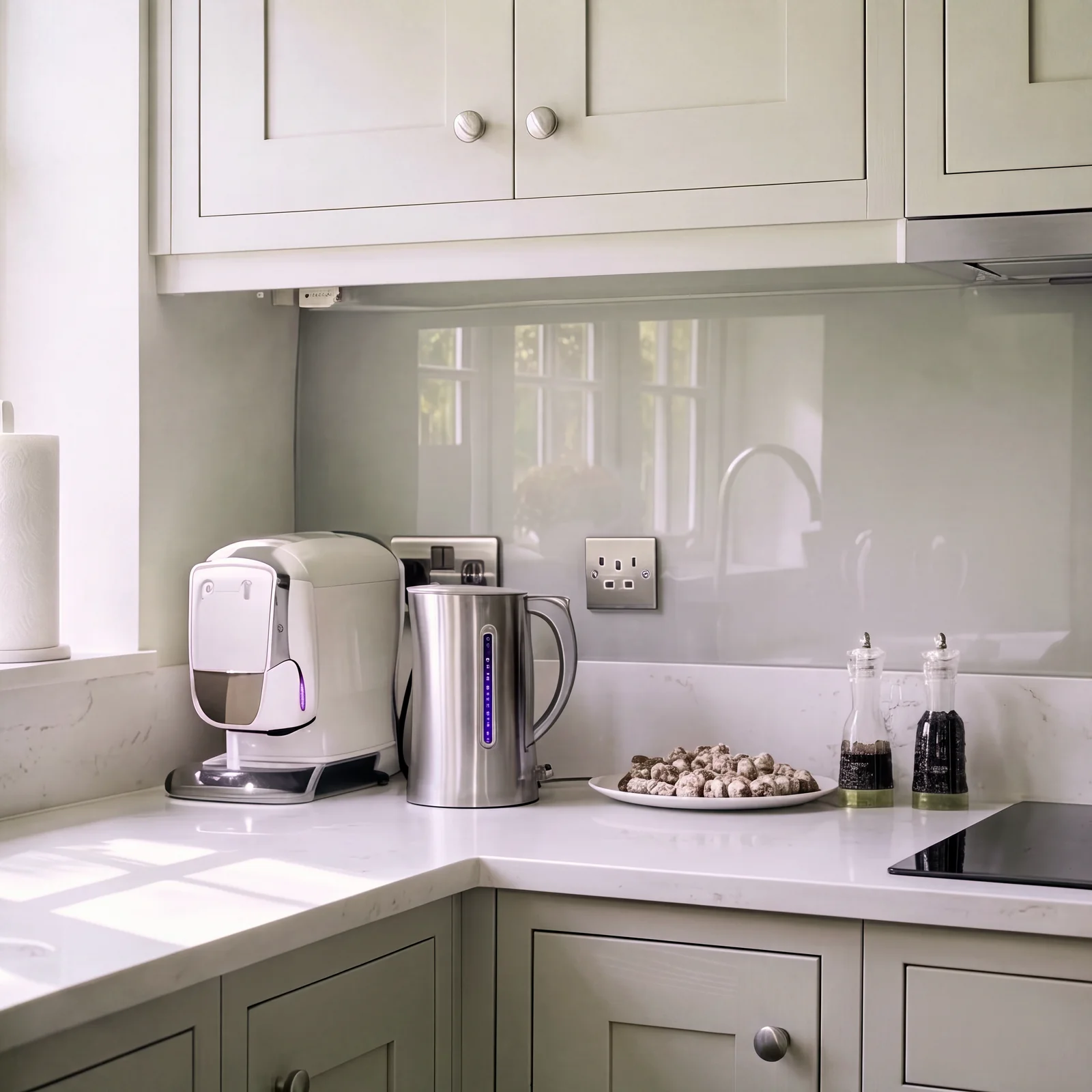 Corner of an pale grey shaker kitchen with a glass splashback, kettle and induction hob