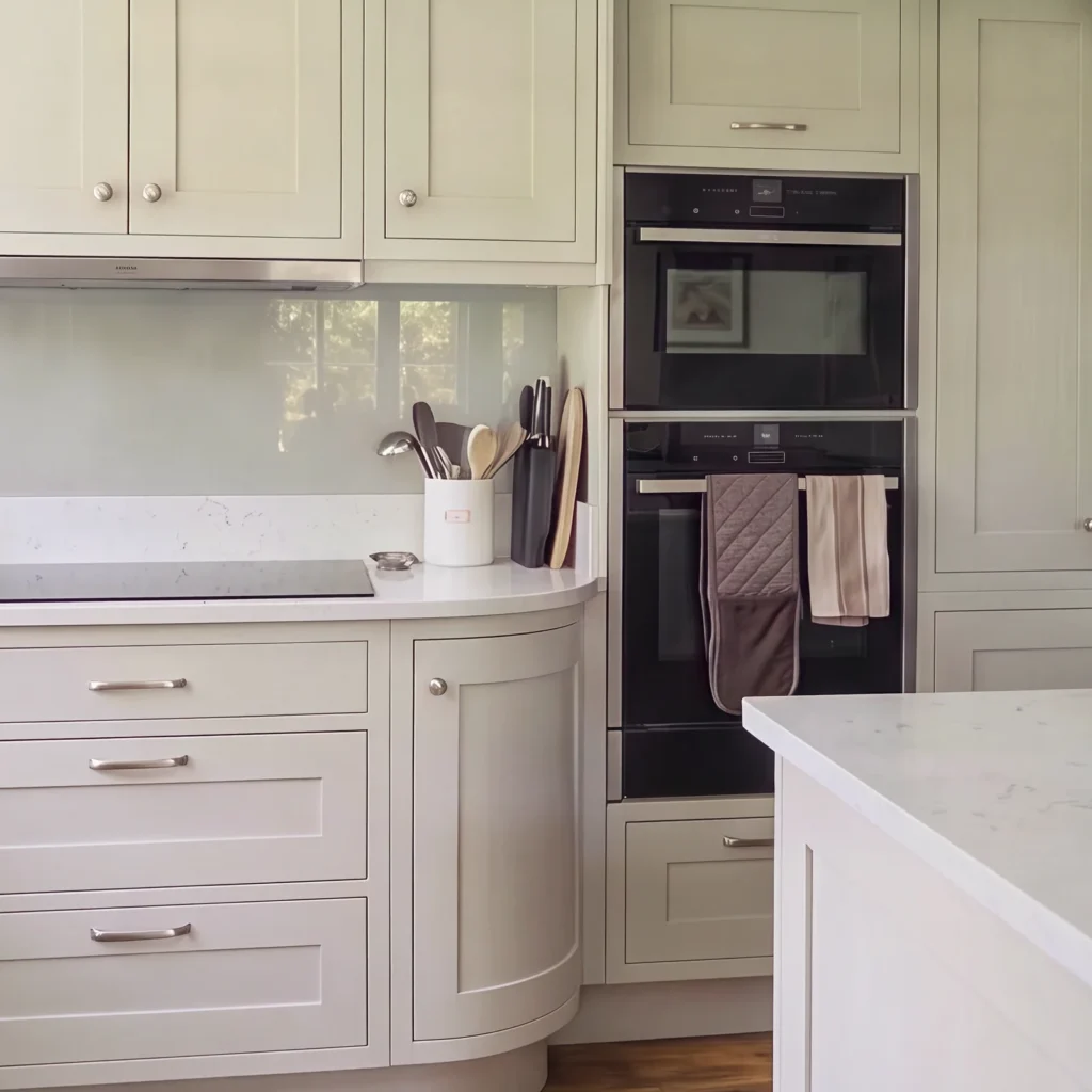 Pale grey shaker cabinets with a curved end door beside double ovens and a white worktop