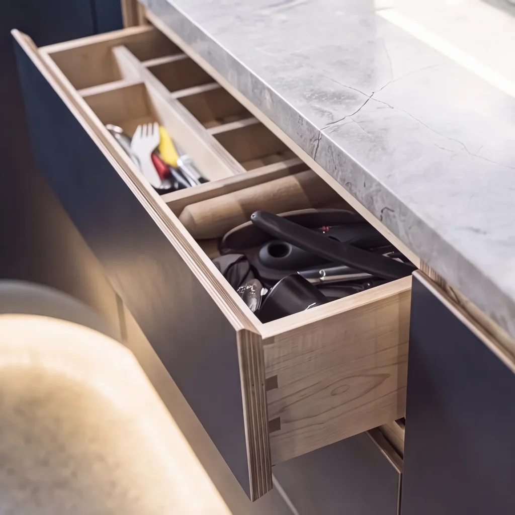 Lit birch ply cutlery drawer in a navy unit beneath a grey stone worktop