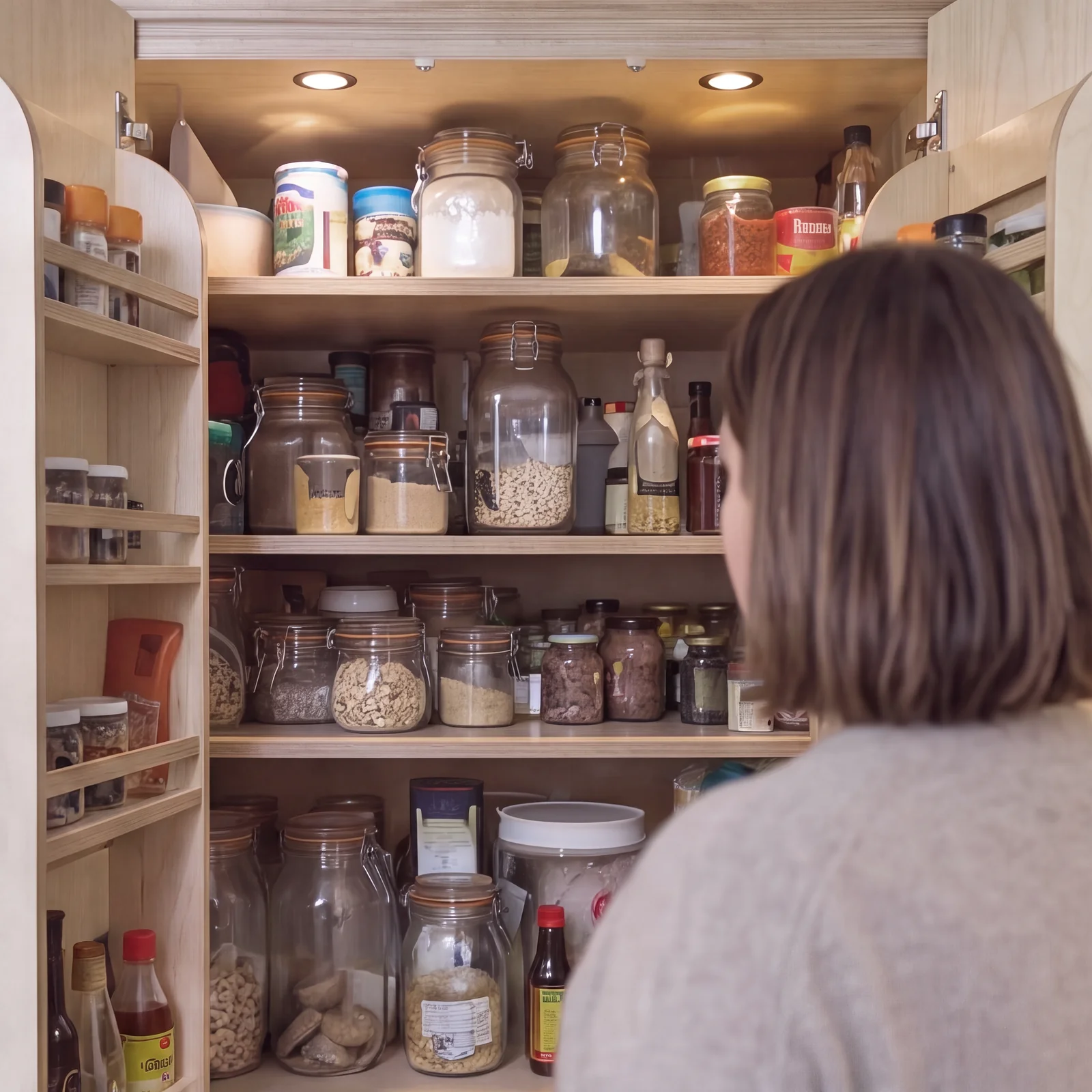 Person reaching into a birch ply larder cupboard filled with jars and spice racks