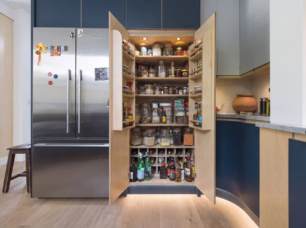 Navy and birch ply larder cupboard open beside an American-style fridge freezer