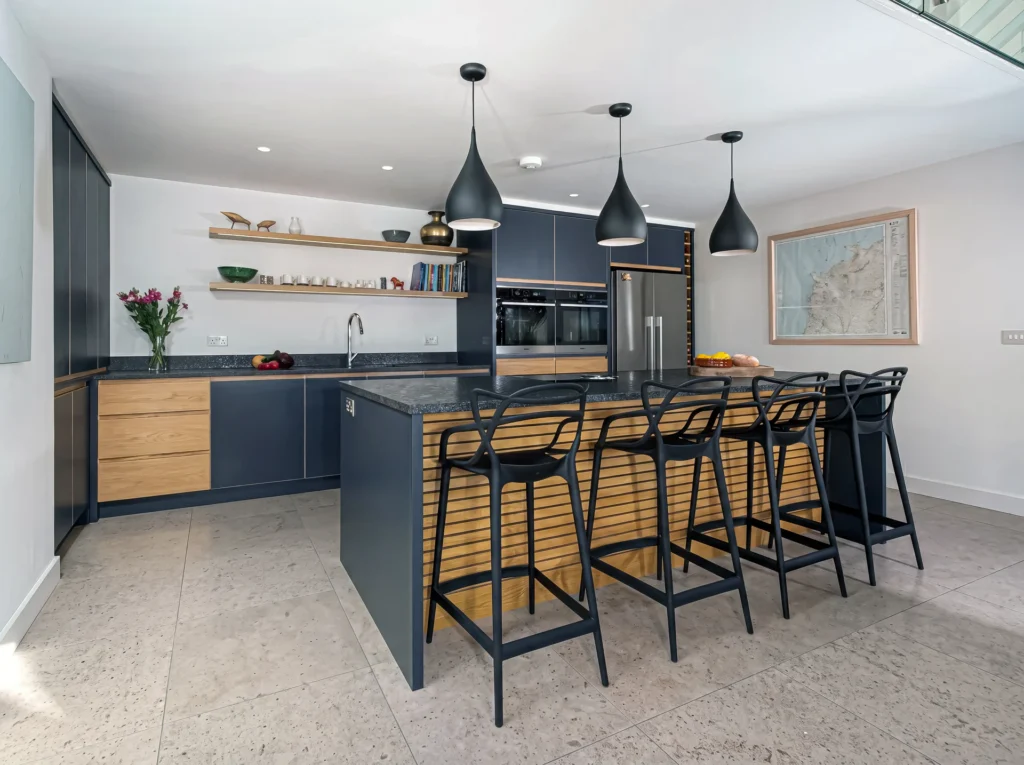 Nordique Navy and Oak Kitchen with Granite Worktops, Tunbridge Wells