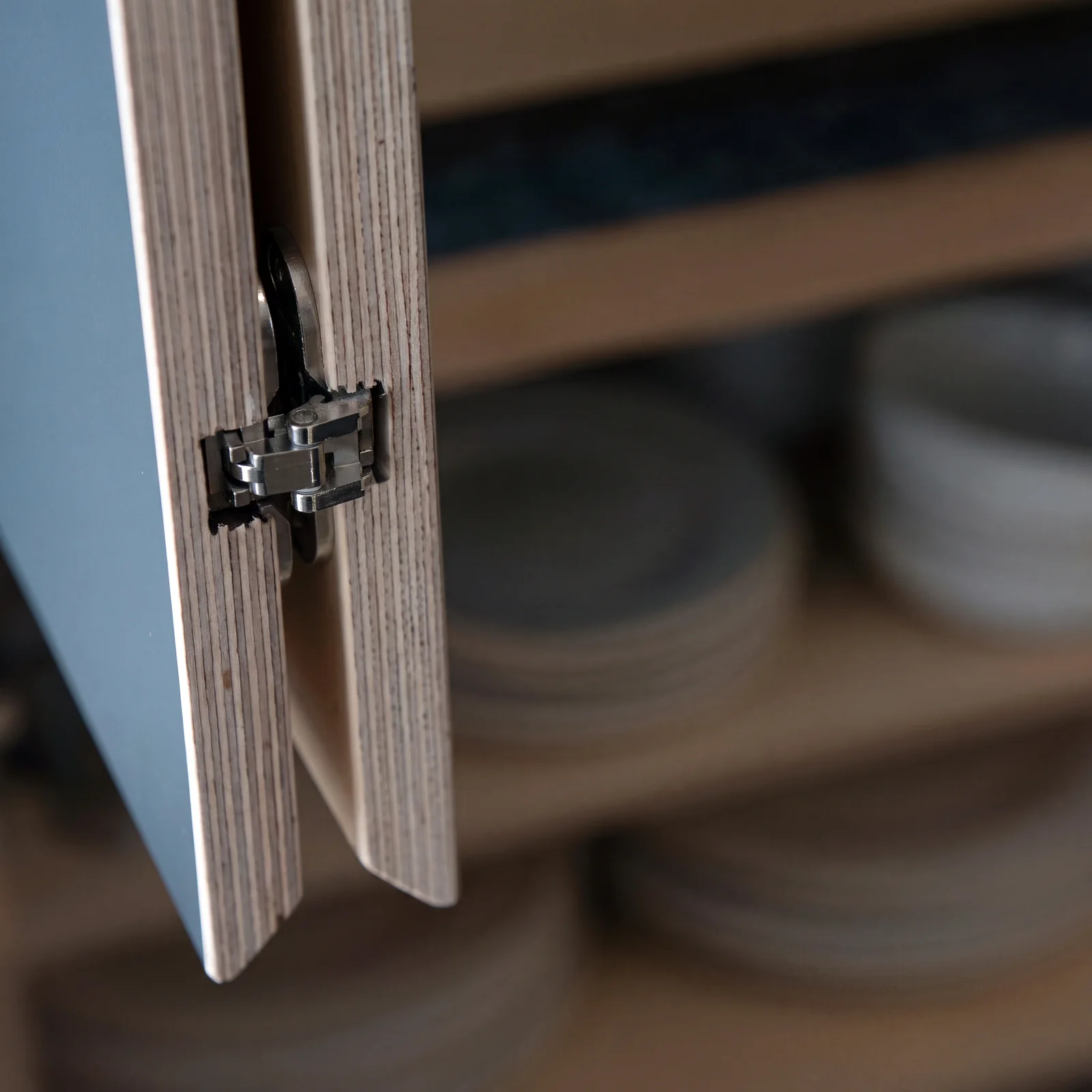 Close-up of a plywood-edged cupboard door hinge with plates on a shelf behind