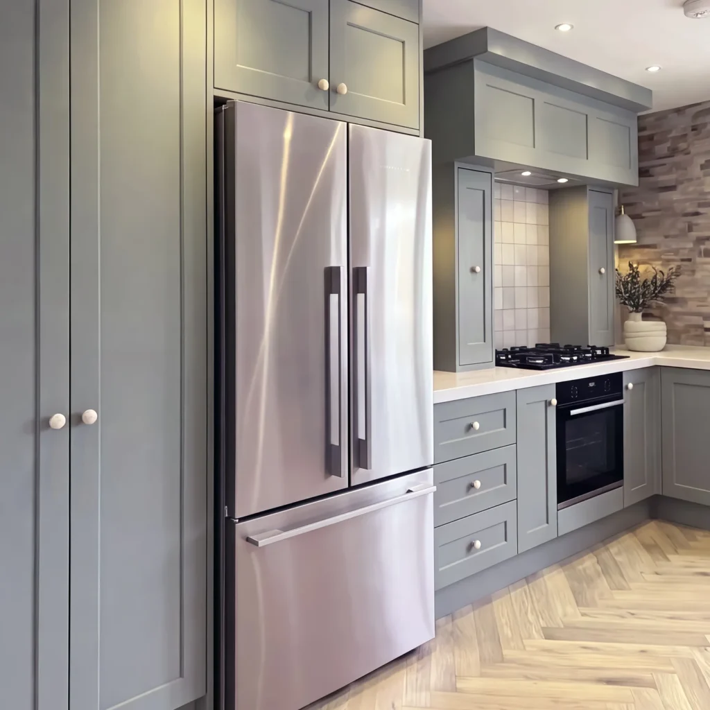 Sage shaker kitchen with a stainless fridge freezer, built-in oven and herringbone oak floor