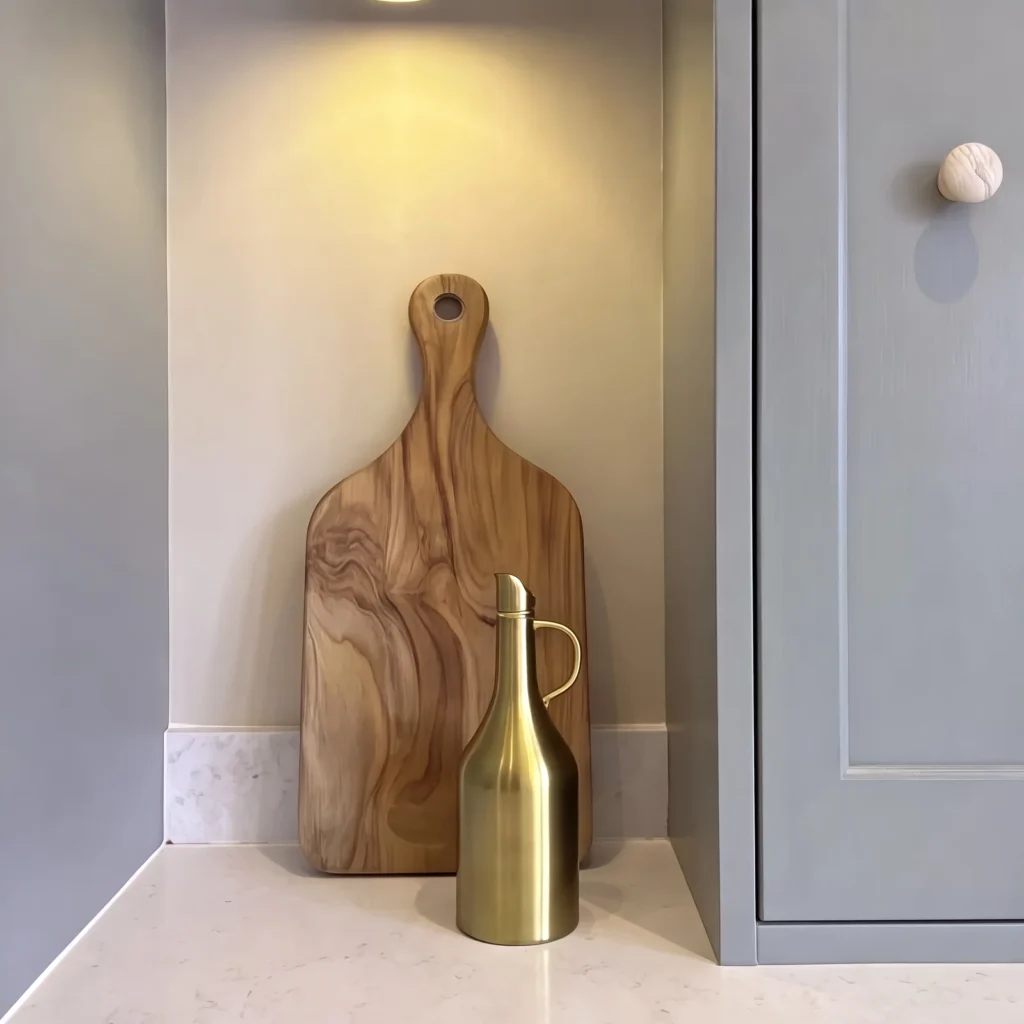 Lit worktop alcove with an olive wood board and brass bottle beside a sage cupboard door