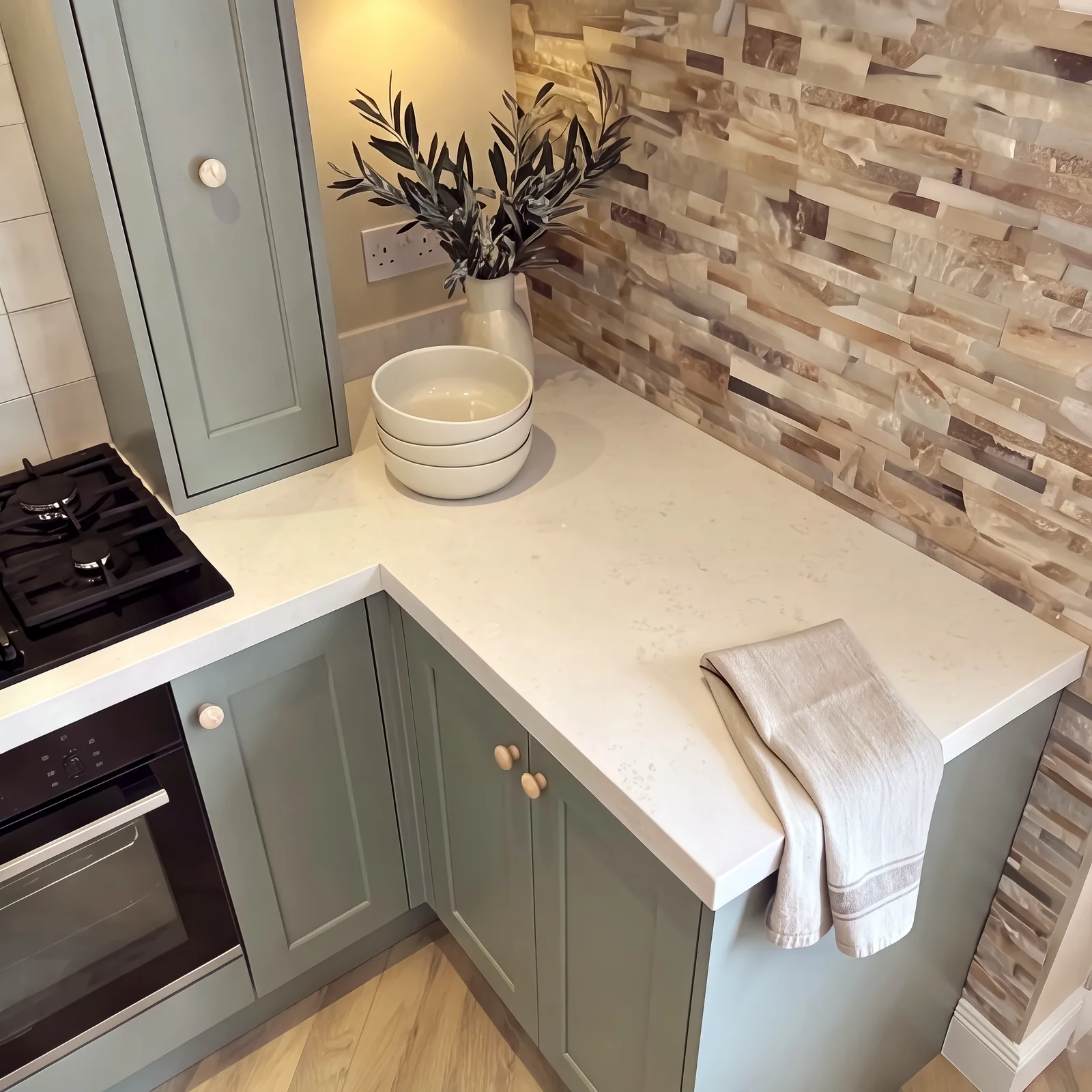 Sage shaker corner units with a white quartz worktop against a brick slip wall