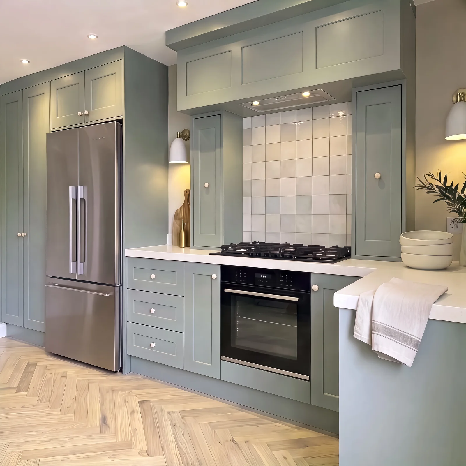 Sage green shaker kitchen with a canopy over the hob and a herringbone floor in Brixton