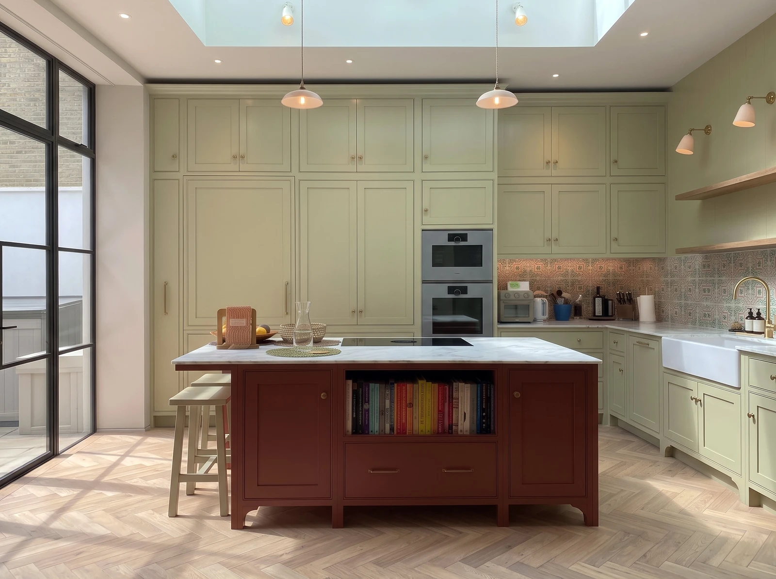 Deep red island with open book shelving in a sage shaker kitchen with steel-framed doors