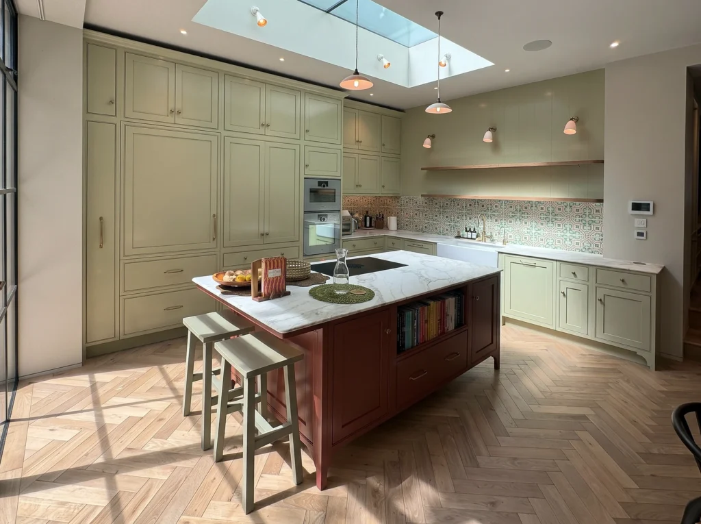 Sunlit sage kitchen with a deep red island, oak stools and a herringbone floor