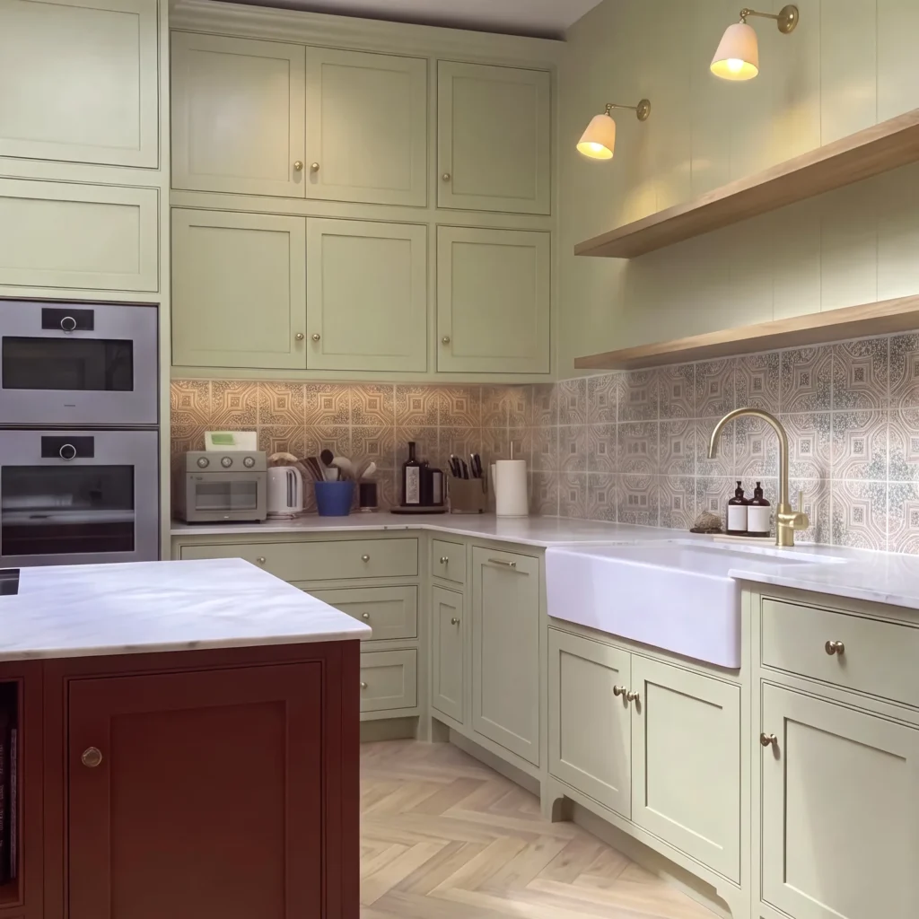 Sage shaker sink run with a white butler sink, patterned tile splashback and brass wall lights