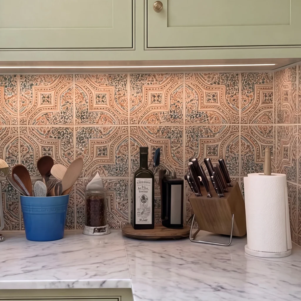 Close-up of a patterned tile splashback above a marble worktop with utensils and a knife block