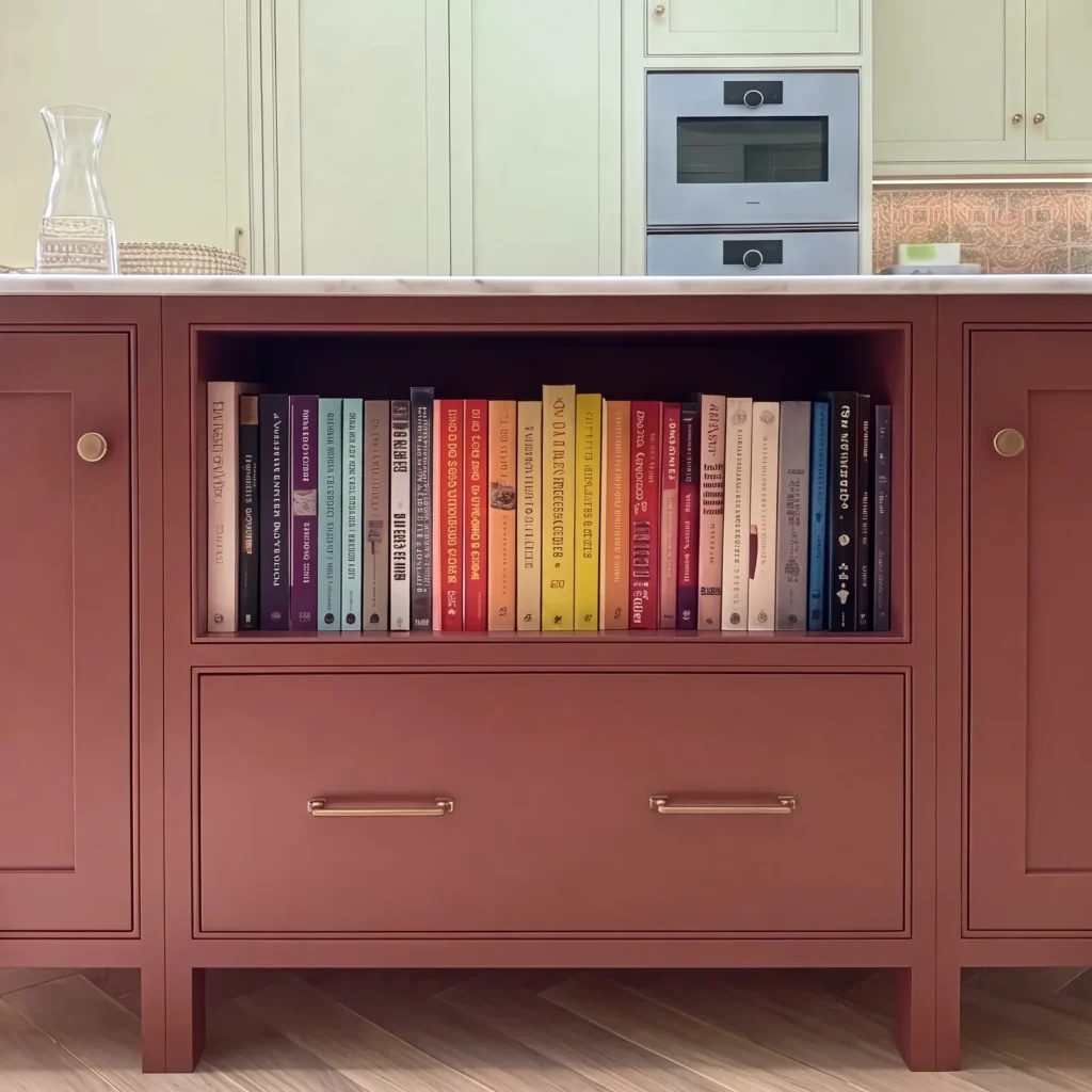 Deep red island end with an open cookbook shelf above two drawers