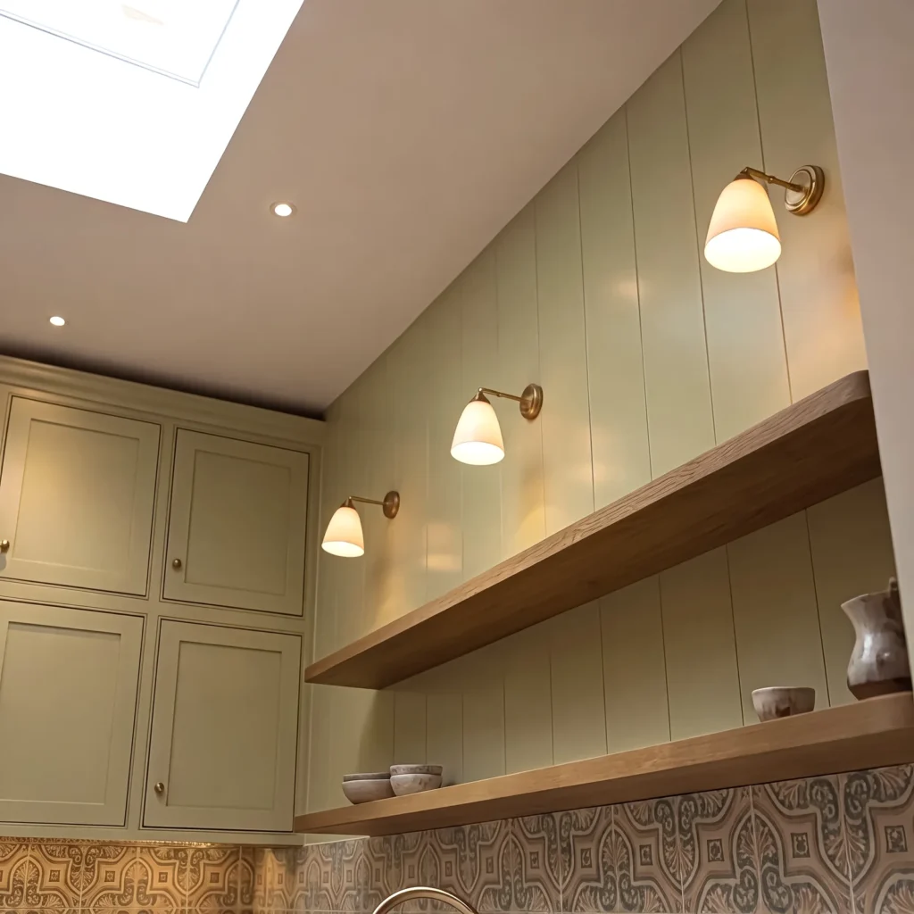 Oak floating shelves with brass wall lights against sage tongue-and-groove panelling