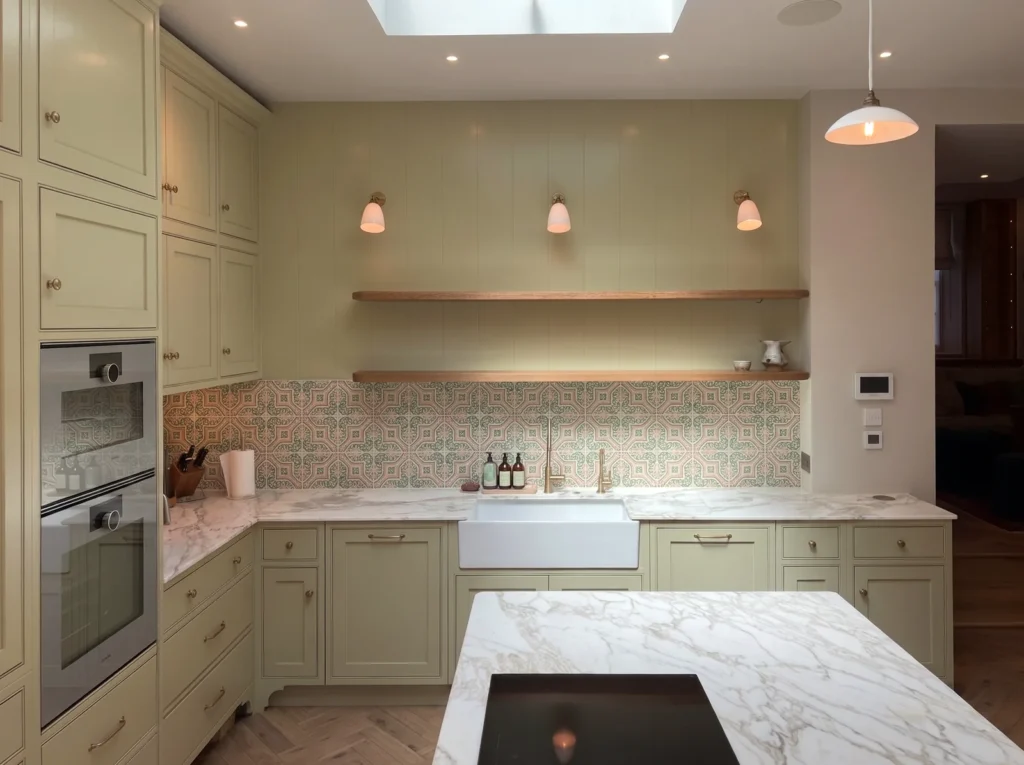 Pale sage kitchen with a marble island hob, butler sink and oak shelves beneath a skylight