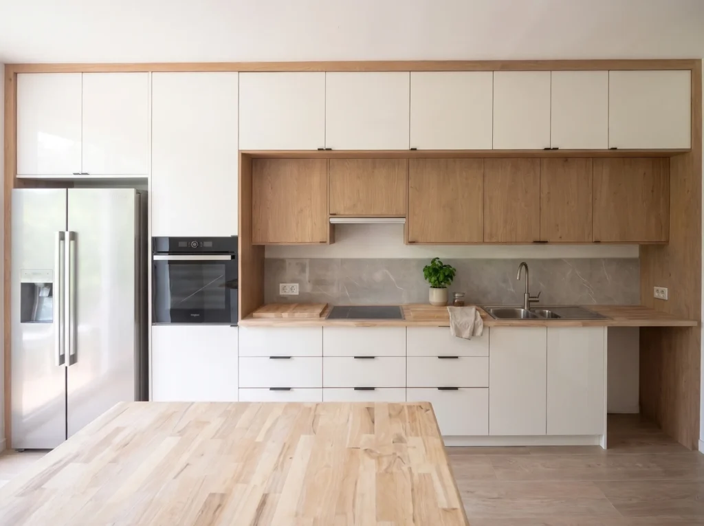 Modern kitchen in Antwerp: white handleless kitchen with oak wall units, a solid oak island top and an American fridge freezer