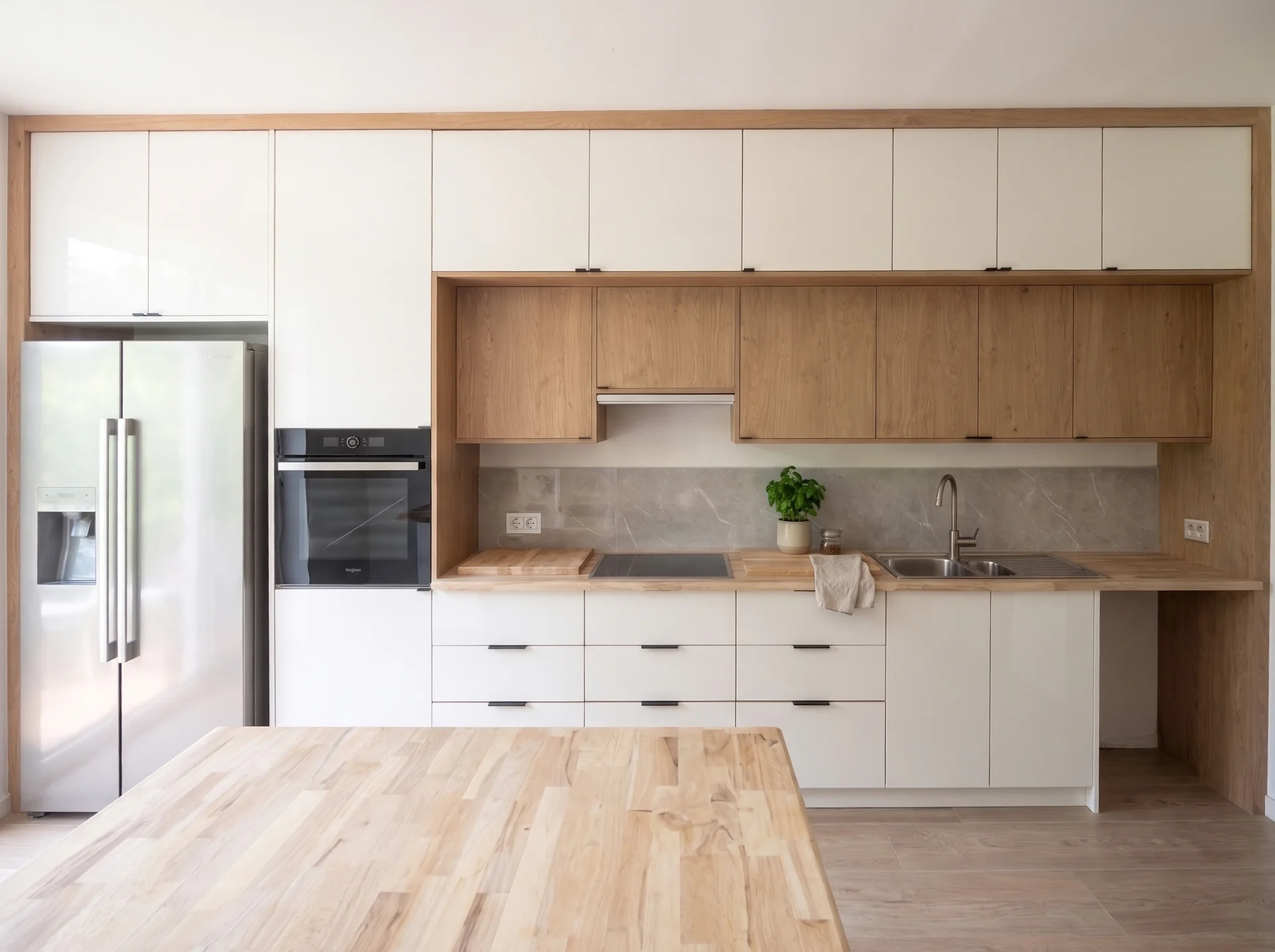 Modern kitchen in Antwerp: white handleless kitchen with oak wall units, a solid oak island top and an American fridge freezer