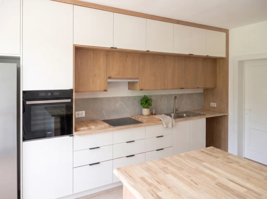 White and oak kitchen with black bar handles, a built-in oven and solid oak worktops