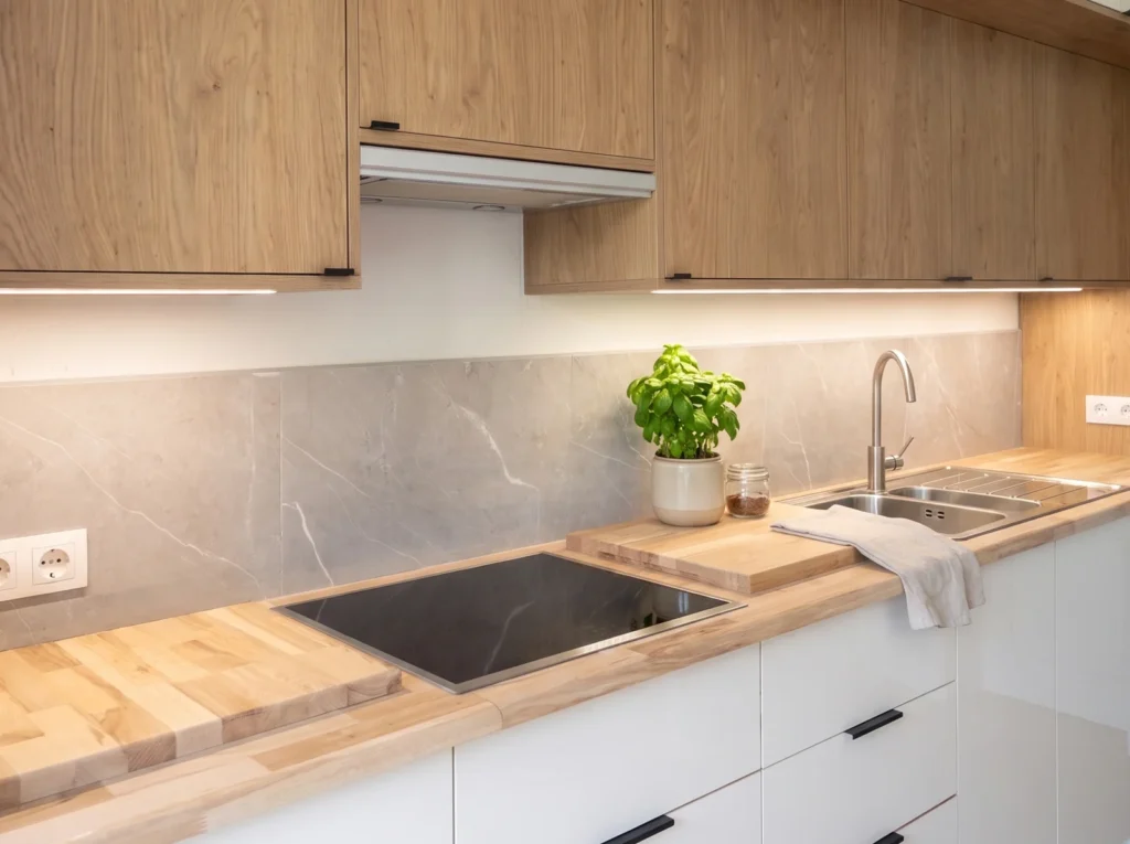 Oak wall cabinets above a grey stone-effect splashback, induction hob and oak worktop