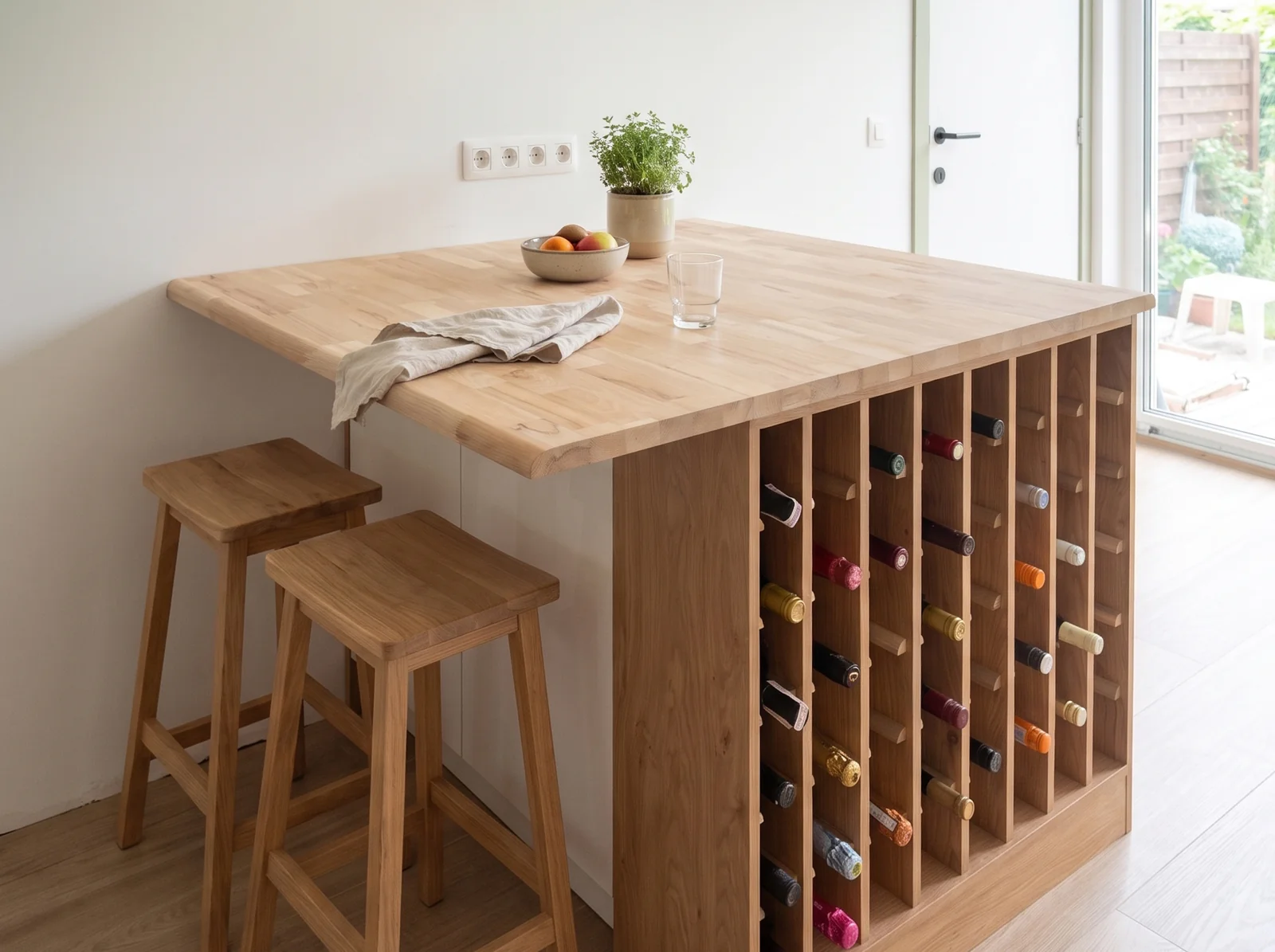 Solid oak breakfast bar with a built-in wine rack and two oak stools