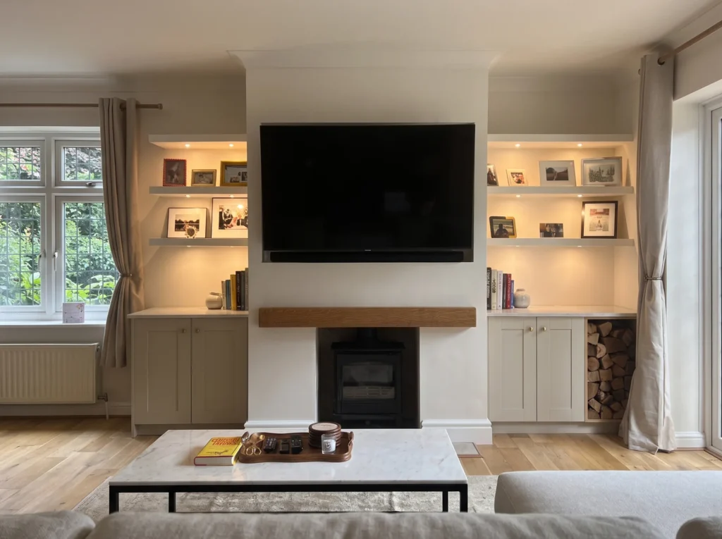 Traditional Alcove Media Wall with Log Store, Chislehurst
