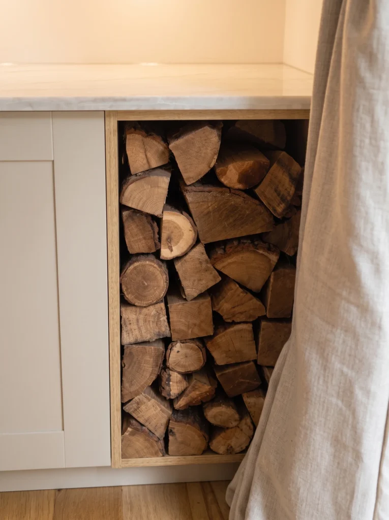 Cream alcove cupboard with an open log store beside a linen curtain