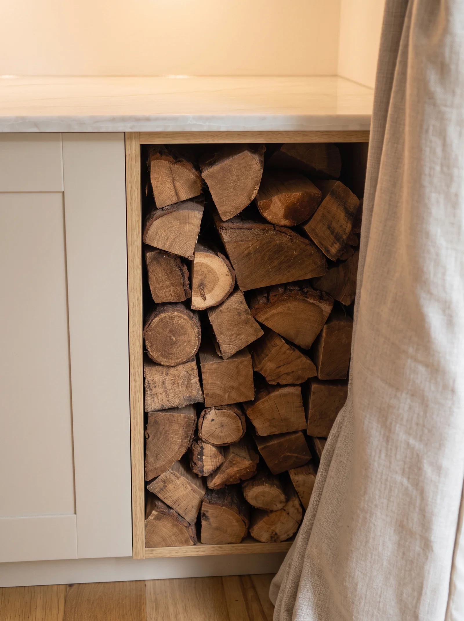 Cream alcove cupboard with an open log store beside a linen curtain