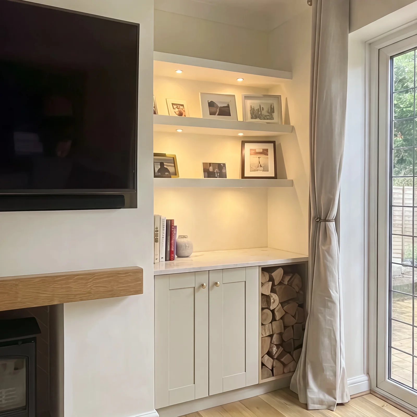 Lit floating shelves above a cream cupboard and log store in a fireplace alcove