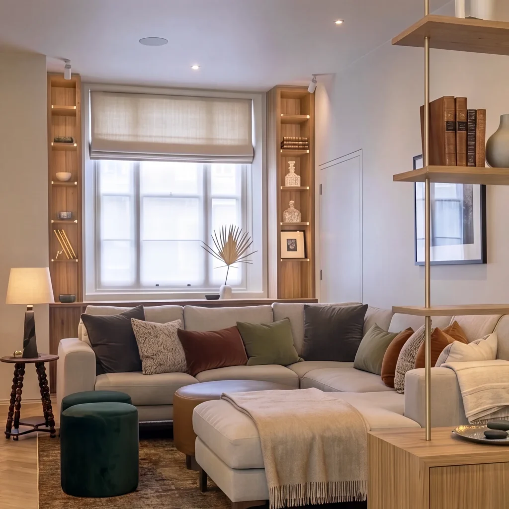 Living room with a corner sofa facing a window framed by lit oak alcove shelves
