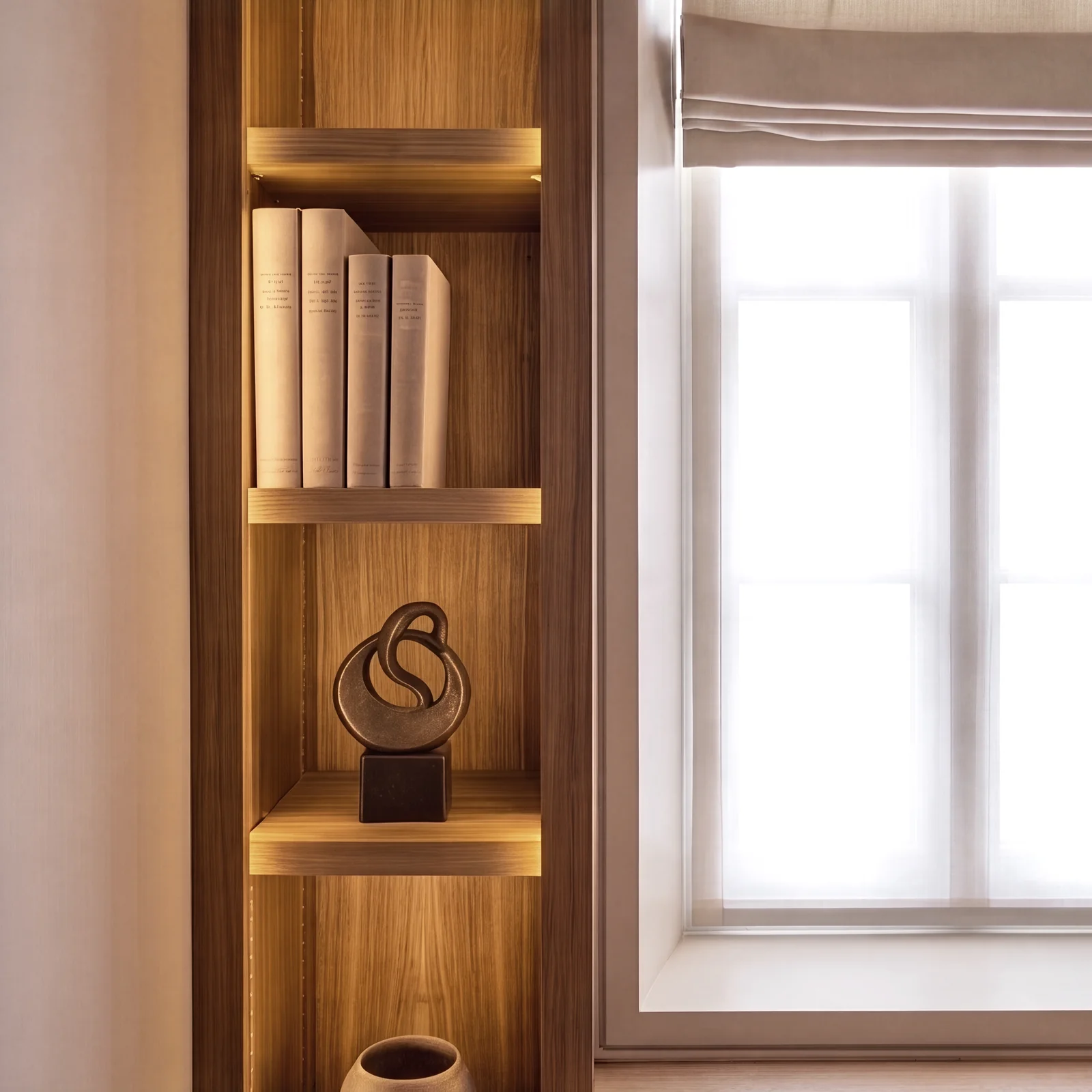 Close-up of a lit walnut alcove bookshelf with books and a sculpture beside a window