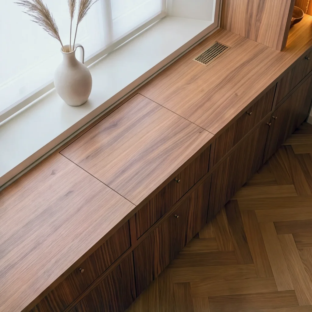 Walnut window seat top running beneath a deep sill with a vase of dried grass