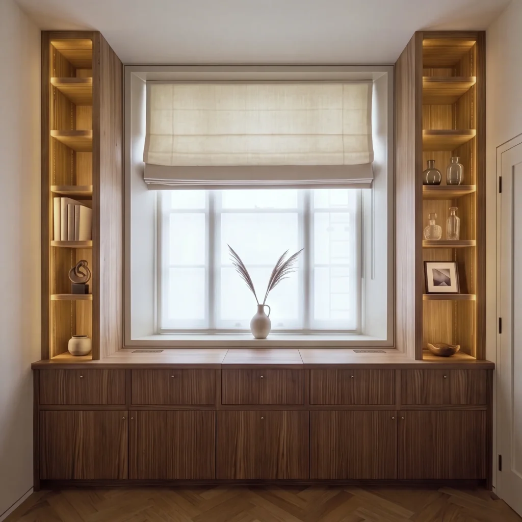 Walnut window seat storage between two lit oak-lined alcoves under a Roman blind