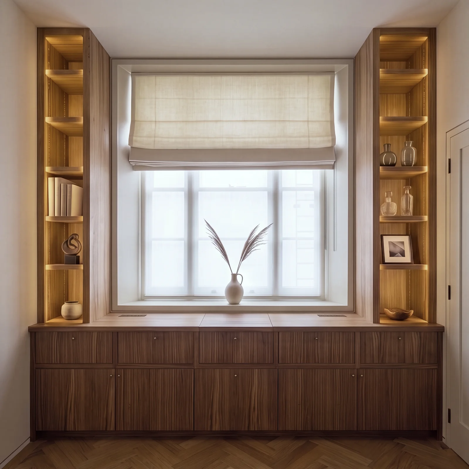Walnut window seat storage between two lit oak-lined alcoves under a Roman blind