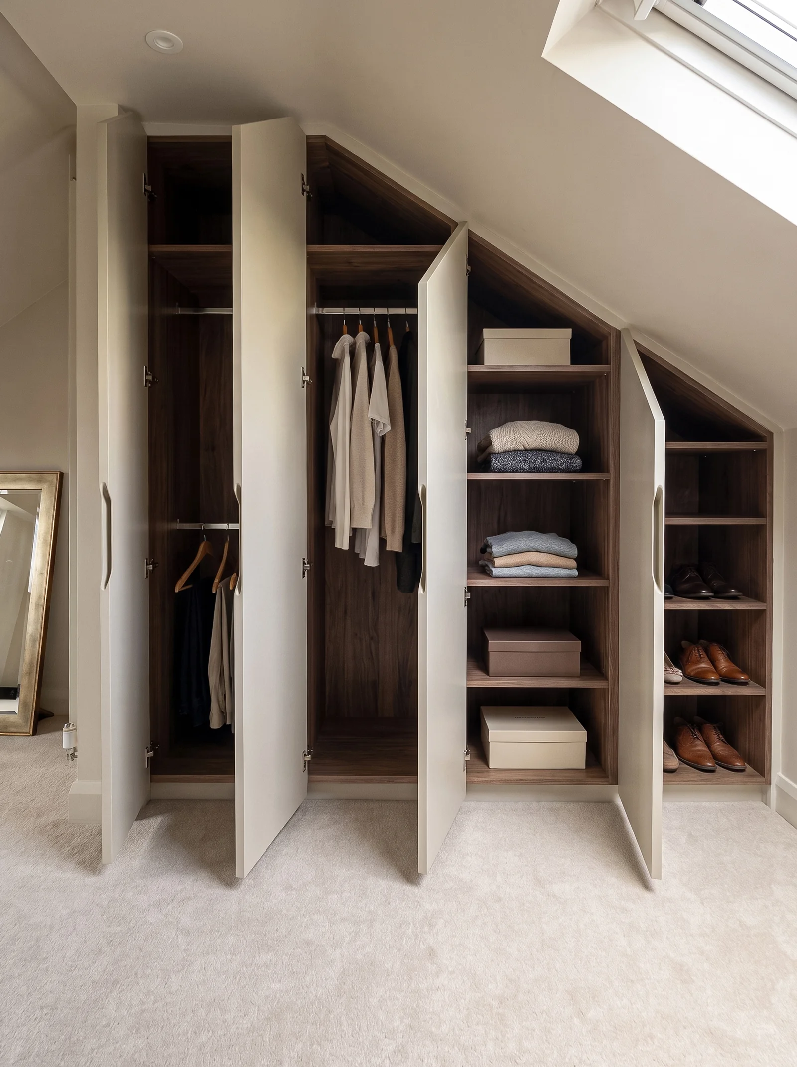 Open eaves wardrobe with walnut-lined hanging space, shelves and shoe storage behind cream doors