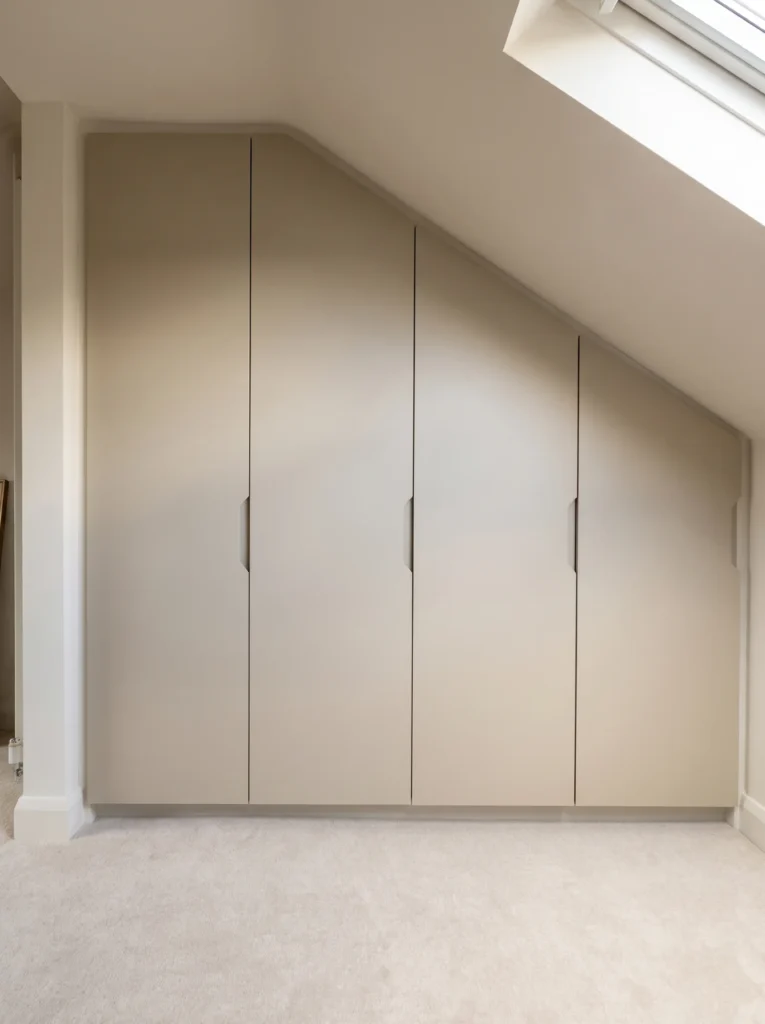 Cream handleless eaves wardrobe doors fitted under a sloping ceiling