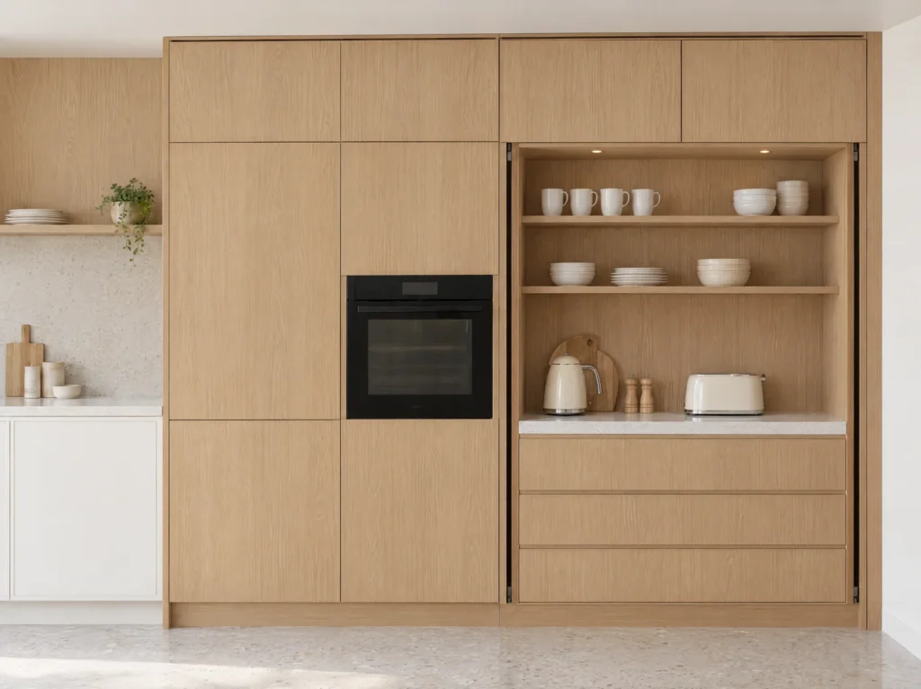 Nordique pantry wall in light oak with a built-in oven, open crockery shelves and drawers below