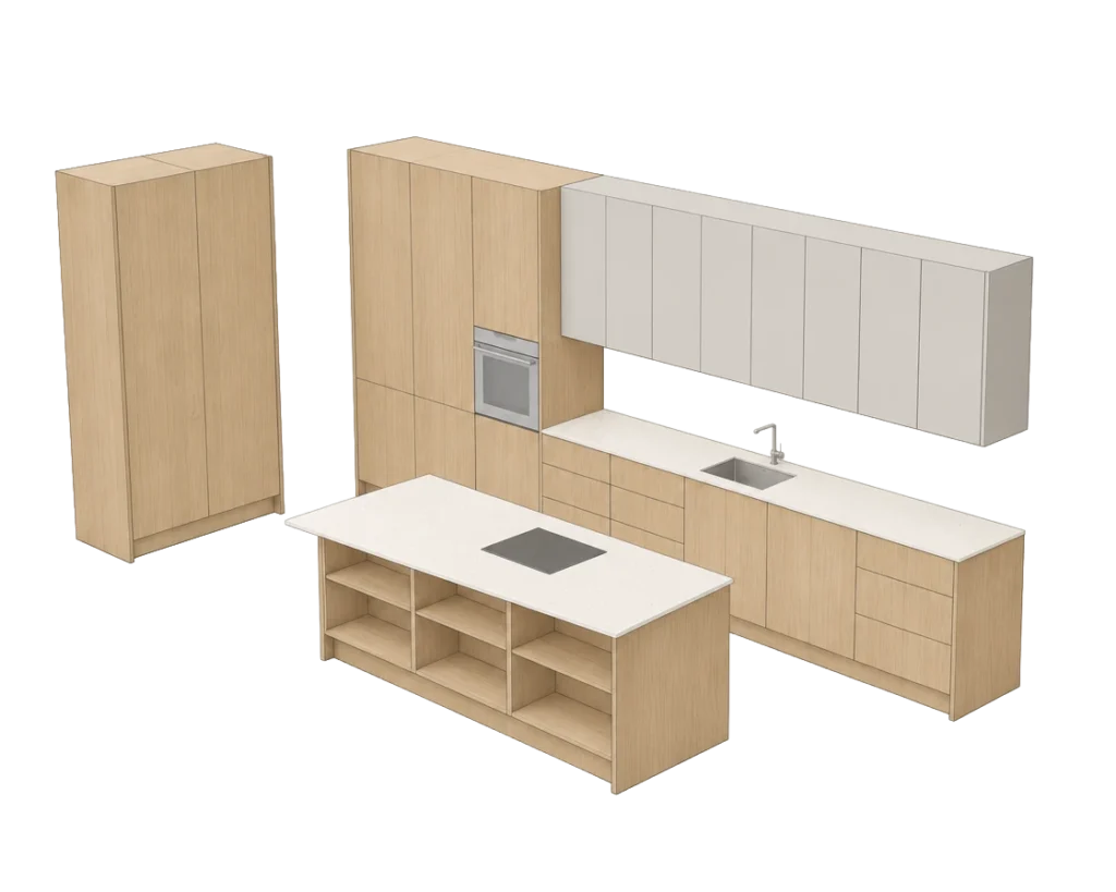Illustration of a large Nordique kitchen with a light oak island, pale grey handleless wall units and a tall oak larder