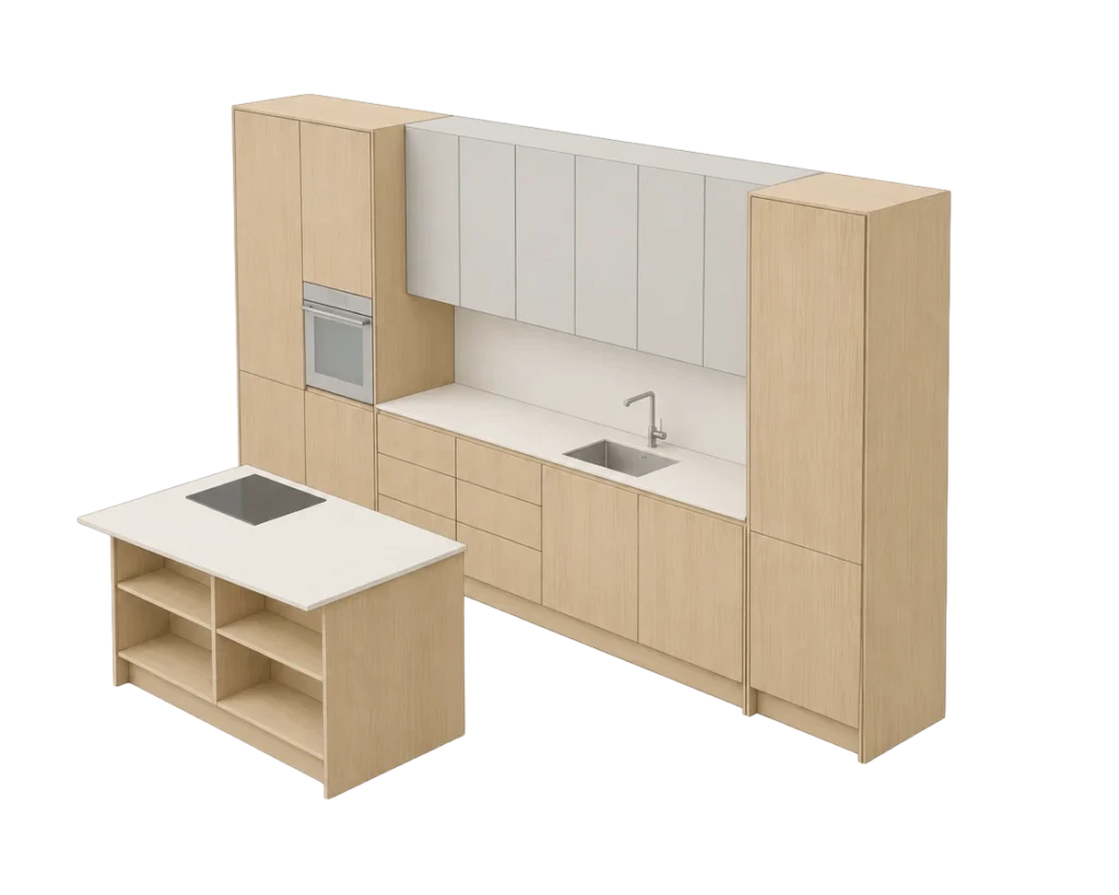 Illustration of a medium Nordique kitchen with light oak base units, a small island and pale grey handleless wall cabinets