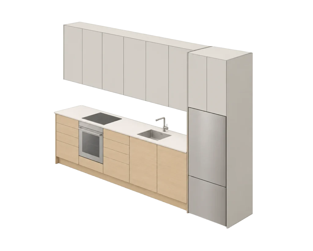 Illustration of a small Nordique kitchen run with light oak base units, pale grey wall cabinets and a tall fridge