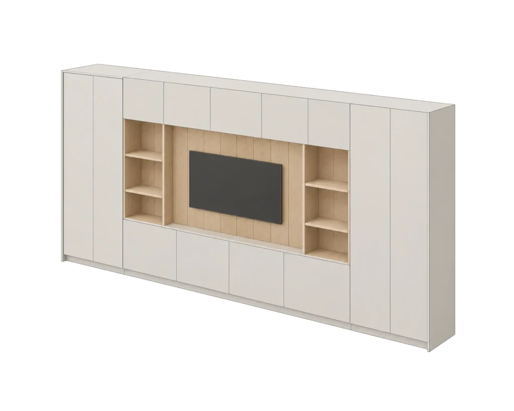 Illustration of a large Nordique media wall with pale grey handleless cupboards framing an oak-lined TV and shelf recess