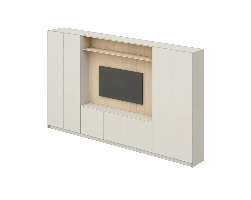 Illustration of a medium Nordique media wall with pale grey handleless doors around a light oak TV recess