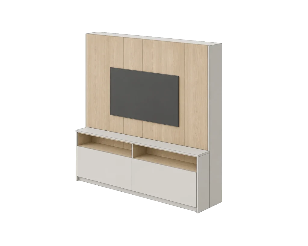 Illustration of a small Nordique media wall with a light oak TV panel above a pale grey handleless console