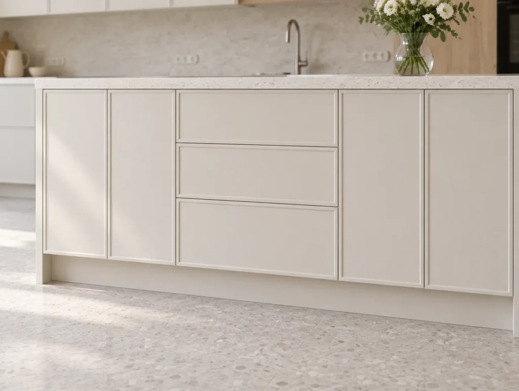 Pale grey handleless Nordique drawers and cupboards beneath a stone worktop on a terrazzo floor